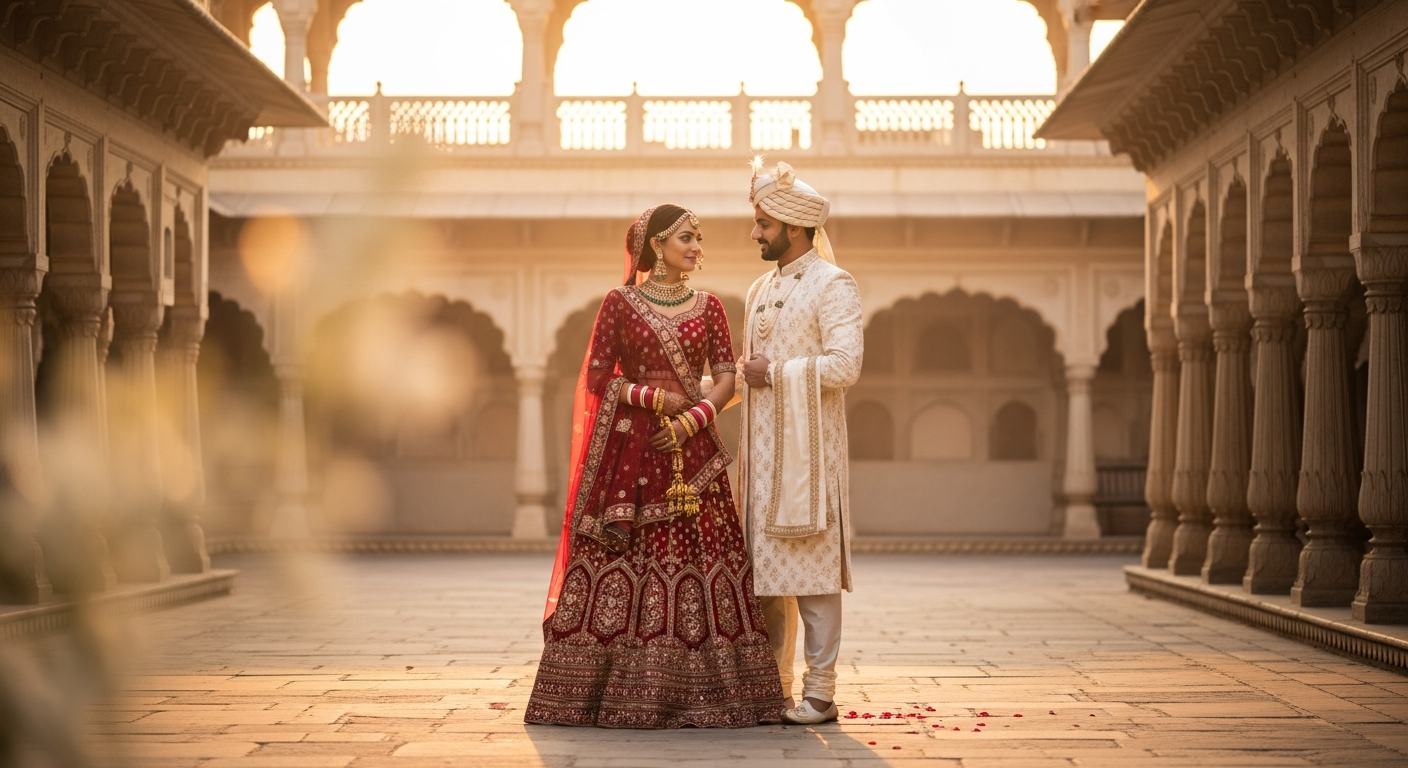 Luxury Indian wedding at golden hour in a palace courtyard